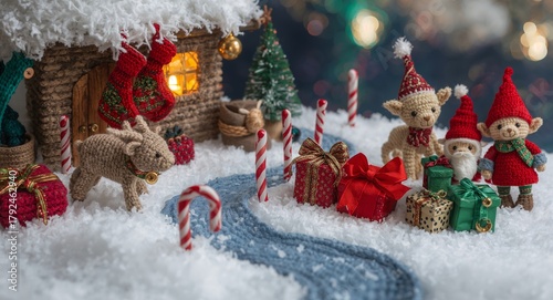 Playful Christmas craft village with elves and gift delivery line.