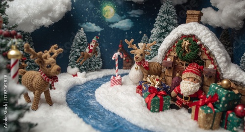 Tiny North Pole scene with elves, igloo hut and wrapped presents. 