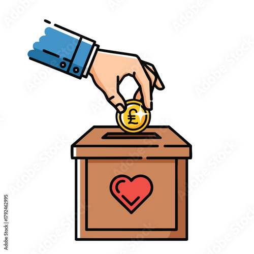 Hand in a blue sleeve donating a Pound Sterling coin into a brown charity box with a red heart symbol.