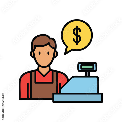 Male cashier icon in an apron at a cash register with a dollar sign speech bubble.