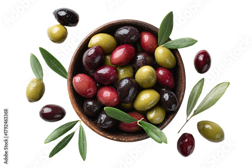 a bowl of olives with leaves and olives