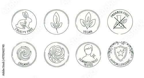 Set of natural organic vegan cruelty free cosmetic ingredient certification stamps and badges isolated on Transparent Background