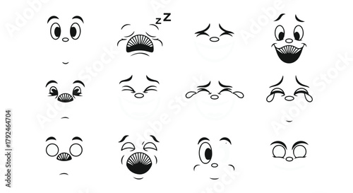 Collection of cartoon face expressions showing various emotions for animation or mascot design isolated on Transparent Background