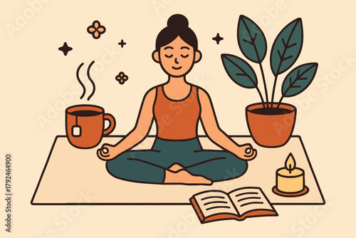 Woman meditating peacefully with a cup of coffee and a book