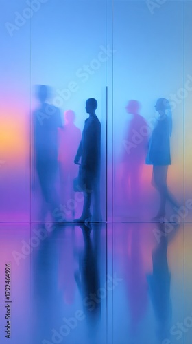 Abstract Neon Glass Corridor With Silhouettes in Soft Hues — Modern People in a Colorful Lobby Creating Reflections and a Futuristic Atmosphere
