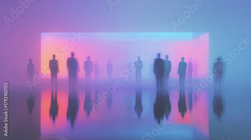 Silhouettes In Neon Fog On Reflective Floor Create Dreamlike Corporate Scene With Color Gradient Light And Reflections