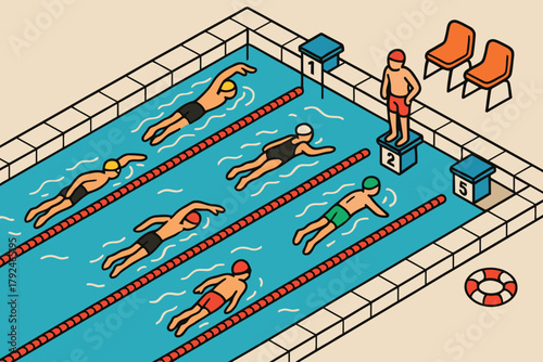 Isometric view of swimmers racing in a competition pool with starting blocks