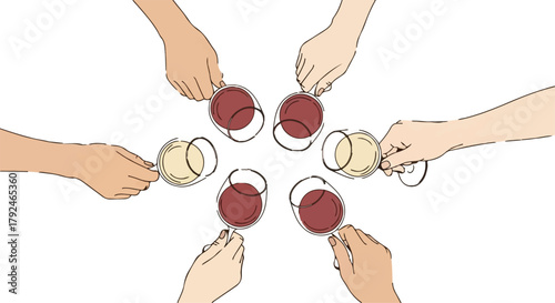 Hands toasting with wine glasses in a circle, signifying celebration and cheers moment isolated on Transparent Background
