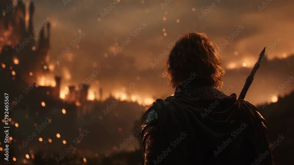 Heroic Warrior Overlooking Fiery Castle at Dusk