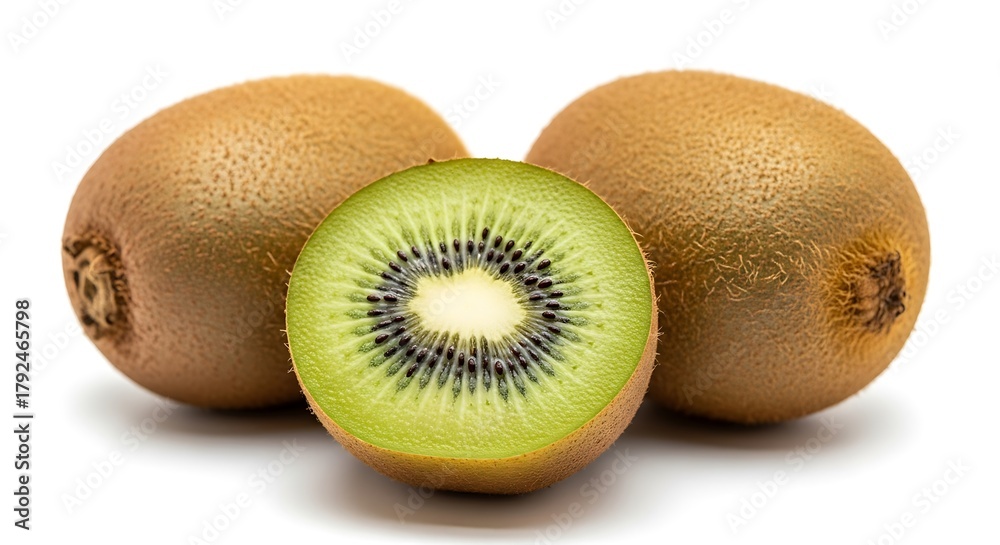 Fototapeta premium Kiwi Fruit Trio: Whole and Slice on White