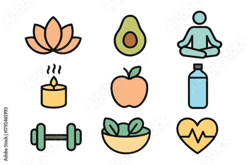 Healthy lifestyle icons representing wellness fitness nutrition and relaxation