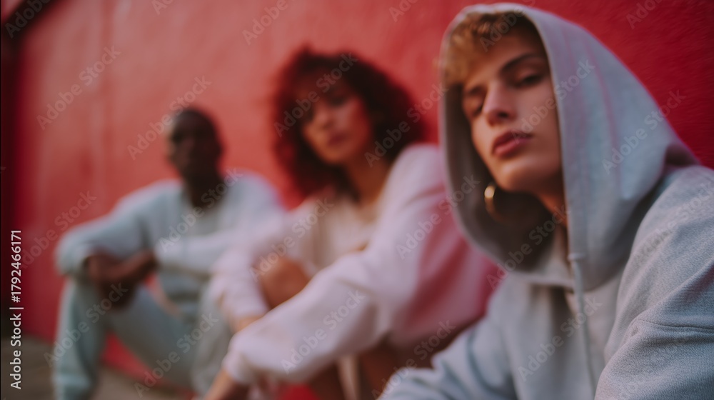 Fototapeta premium Friends relaxing in a colorful urban setting during warm afternoon light