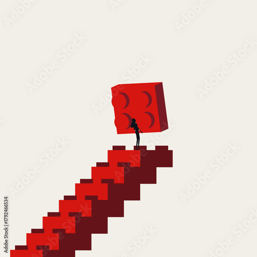 Conceptual vector illustration of a strong businesswoman holding a large block to build her own stairs, symbolizing career growth, ambition, power, and self-made success.