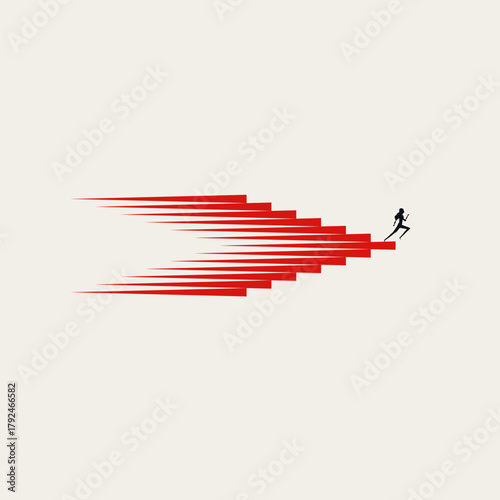 Vector illustration of a businesswoman silhouette sprinting on red speed lines, symbolizing fast career growth, momentum, launching a startup, and rapid business progress.