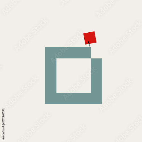Vector illustration of a businesswoman silhouette placing the last red square block to complete a shape, symbolizing problem solving, accomplishment, and finishing a project.