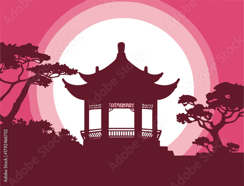 Traditional Asian pagoda silhouette at sunset, romantic pink sky, oriental pavilion illustration, peaceful nature landscape, cultural architecture design background