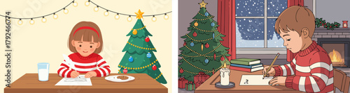 Child writing a letter to Santa,  background, vector, set