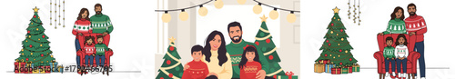 Family posing for a holiday-themed photo shoot in festive sweaters,  background, vector, set    