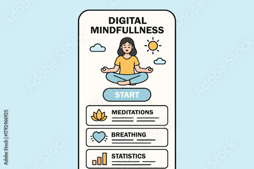 Digital mindfulness app interface with meditation breathing and statistics