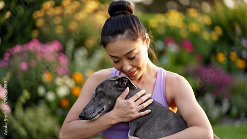 Asian woman gently petting and embracing her greyhound dog, sharing a moment of loving connection and companionship in a vibrant outdoor garden filled with colorful flowers