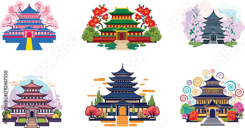 Colorful Asian temple collection, traditional Chinese and Japanese pagoda architecture, cultural heritage buildings, spring garden illustration, oriental design vector art