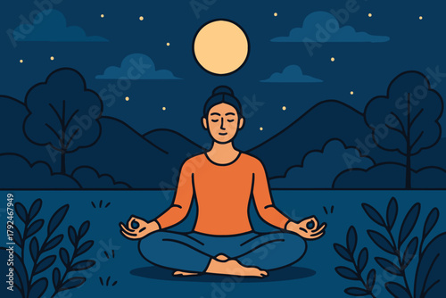 Person meditating peacefully under a full moon at night
