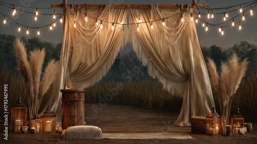 Romantic outdoor scene featuring draped fabric, string lights, and candles. Pampas grass decorates the setting