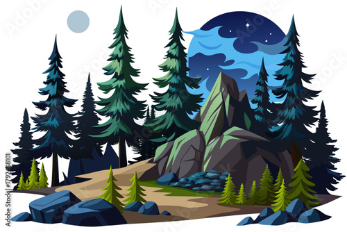 cilent winter forest glowing under full moonlight with shadows cast on untouched snow