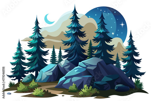 cilent winter forest glowing under full moonlight with shadows cast on untouched snow