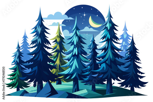 cilent winter forest glowing under full moonlight with shadows cast on untouched snow