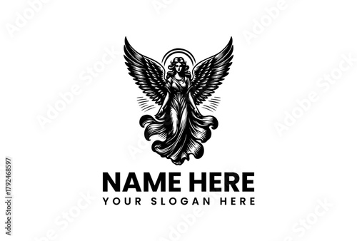 Elegant Angelic Vector Logo Illustration with Wings and Halo, Representing Serenity and Divine Guidance