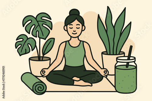 Woman meditating peacefully surrounded by lush green houseplants and a healthy drink