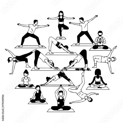 Diverse Group of People Practicing Various Yoga Poses in a Circular Arrangement