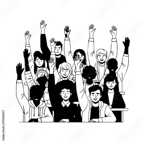 Diverse students or participants actively raising hands in a group setting, symbolizing engagement, learning, and collaborative participation in a classroom or meeting