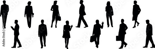 Business people silhouettes walking, corporate professionals in motion, teamwork concept, office workers meeting, business travel, success, communication, collaboration, leadership