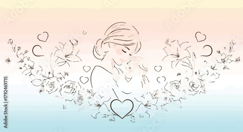 Delicate illustration of mother hugging baby surrounded by flowers, symbolizing maternal love and care. isolated on Transparent Background