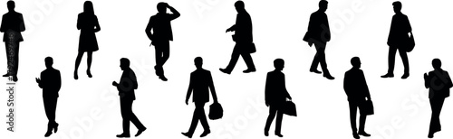 Business people silhouettes walking, standing, and talking, professional men and women in office attire isolated on white background illustration.