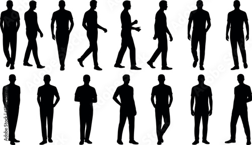 Silhouette of men standing and walking in different poses, human posture collection, black shadow male figure isolated on white background illustration