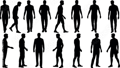 Male silhouette collection, standing and walking man poses, human body outline, casual people vector, black silhouette figure design illustration
