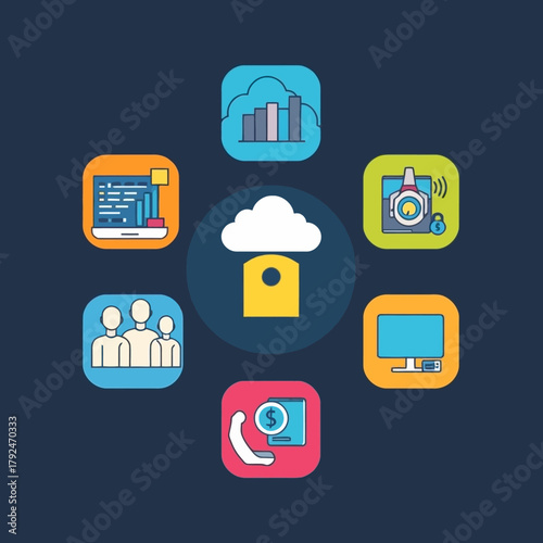 Colorful infographic depicting cloud computing and various related technological elements.