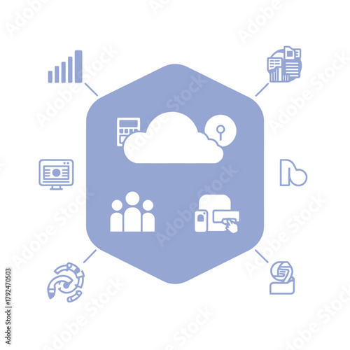 A light blue hexagon containing white icons representing cloud computing, data, and technology related concepts.
