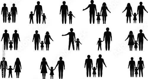 Family silhouette icons, diverse family structures, parents and children, black pictograms, social demographics, family concept, icon grid, parenting symbols, vector illustration, isolated