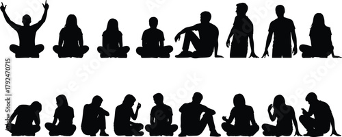 Silhouette people sitting standing, human posture gesture, black figure poses, seated conversation, relaxed position, body language, vector illustration, minimal style, design element