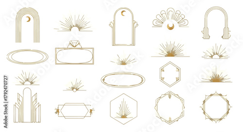 Elegant bohemian gold frames, celestial sunburst arches, and minimal logo design vector elements set isolated on Transparent Background