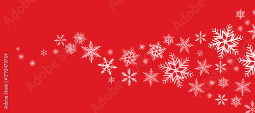A decorative cartoon illustration of a white snowflake wave on a red background. Background for Christmas, winter holidays and greeting cards