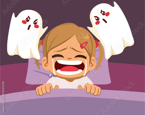 A dramatic cartoon vector illustration of a sad crying girl terrified by ghostly shapes for emotional fear concepts