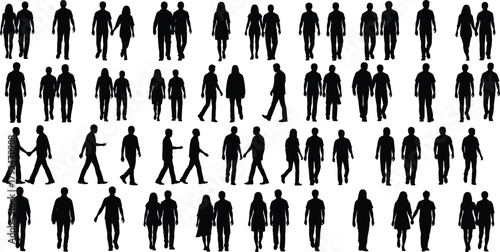 Silhouette people walking, standing in pairs, pedestrian movement, urban crowd, black figures, social interaction, human behavior, seamless pattern, vector design, graphic illustration, city life**