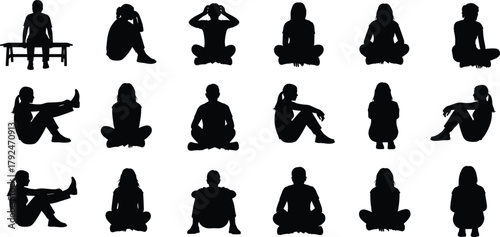 Seated person silhouette, sitting pose collection, human posture icon, body language reference, black figure set, artistic gesture, yoga, meditation, rest, relaxation, design