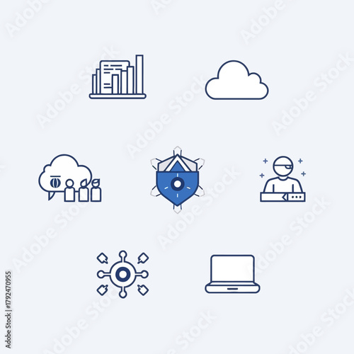Collection of digital icons representing data analysis, security, and cloud computing.