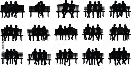 Silhouette, bench, people, sitting, interaction, social, group, community, pose, relationship, minimal, black, urban, public, park, lifestyle, emotion, gathering, resting, outdoor,